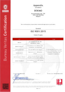 ISO9001:2015 certificate Dekimo page 1